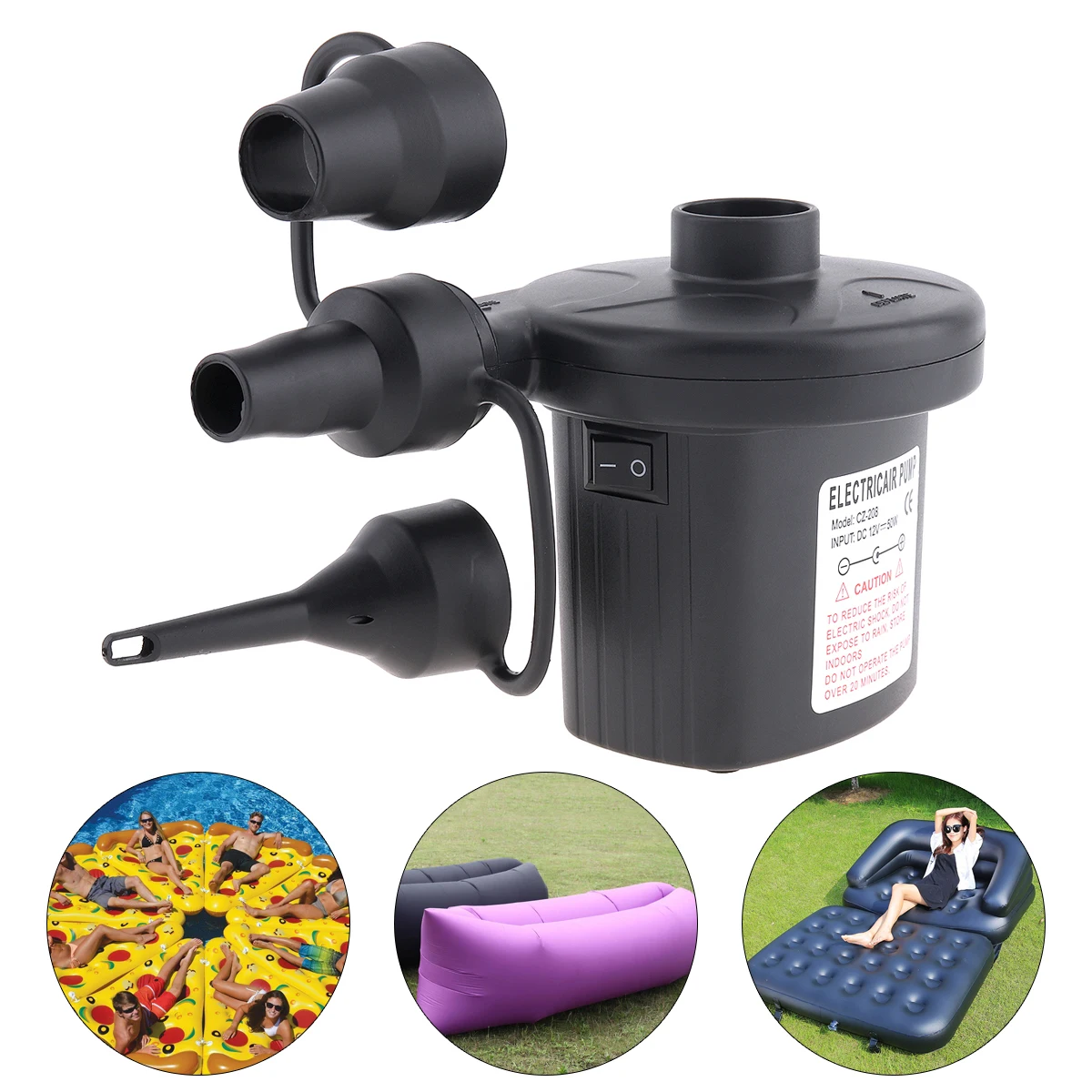 UK DC 12V Portable Replaceable Dual Purpose Air Pump Electrical Suction / Inflatable pump with 3 Nozzles for Car / Home