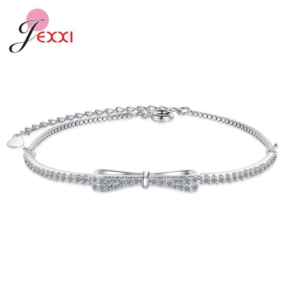 High Quality 925 Sterling Silver Bow knot Clear Cubic Zircon Bangles Bracelets for Women Girls Sterling Silver Jewelry