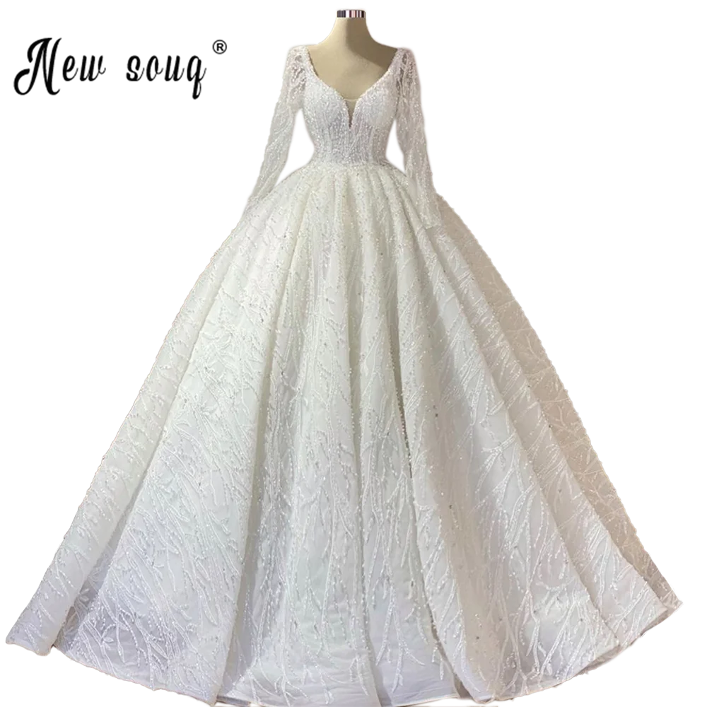 Muslimischen Luxus Plus Größe Perlen Hochzeit Kleid Sparkly Kristalle Ballkleid Arabisch Braut Kleider für Frauen 2023 Nach Maß EINE linie