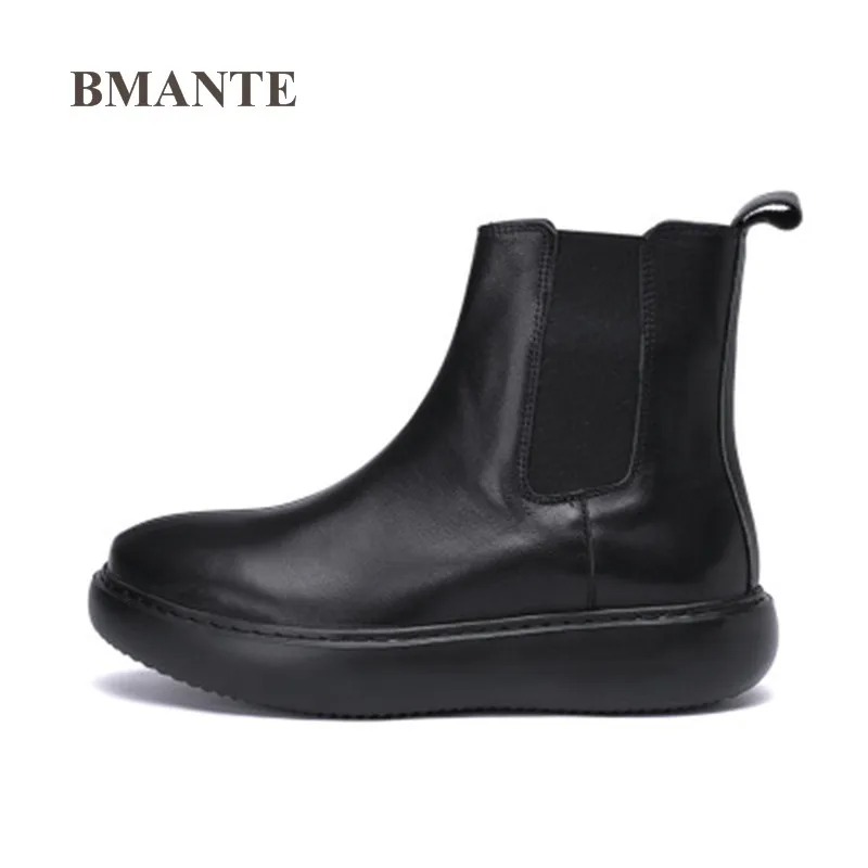 

Bmante Genuine Leather Men Ankle Snow Boots Solid Black Increased Thick Bottom Slip-on Male Adult Shoes Trainers High Sneaker