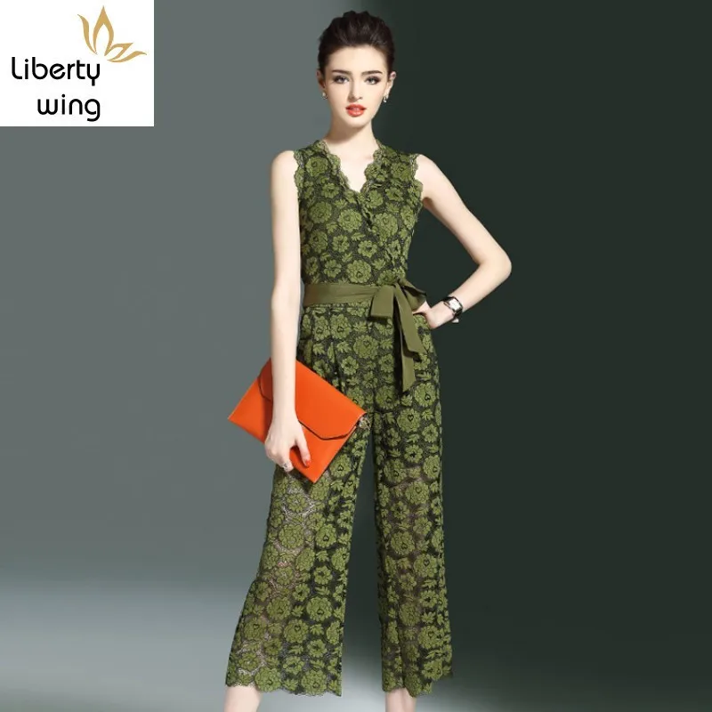 New Arrival Summer Fashion Hollow Out Floral Lace Wide Leg Jumpsuits Elegant Slim Fit Sleeveless Women Rompers