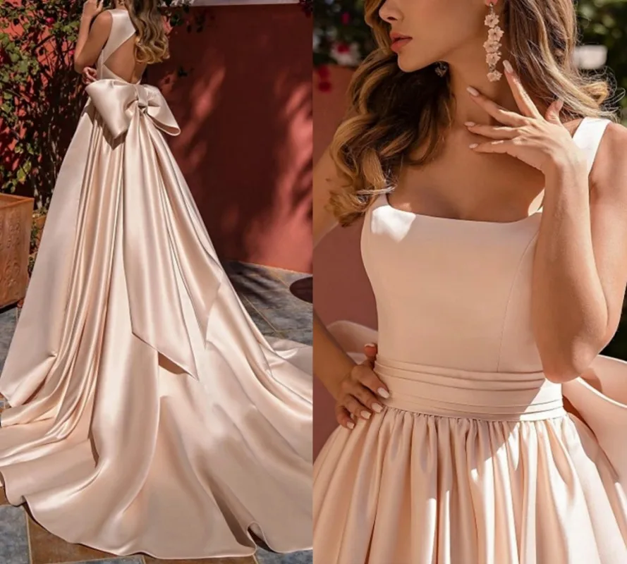 Champagne Vrouwen Avondjurk 2023 Elegante Vierkante Bandjes Prom Night Party Jurk Met Strik Arabische Dubai Vestidos De Feest