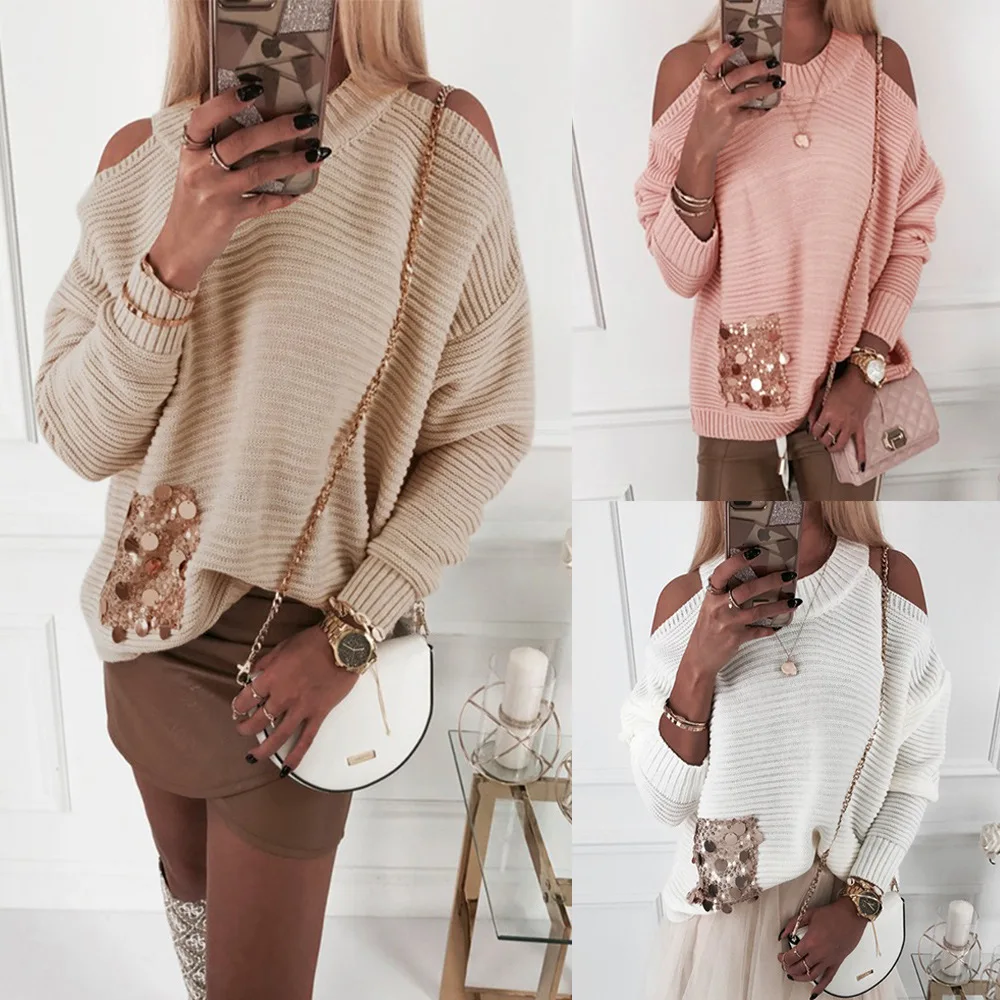 New Women Bead Sequins Pockets Sexy Loose Sweater Round Neck Off Shoulder Knitted Sweaters Autumn Winter Clothes Sueter Mujer