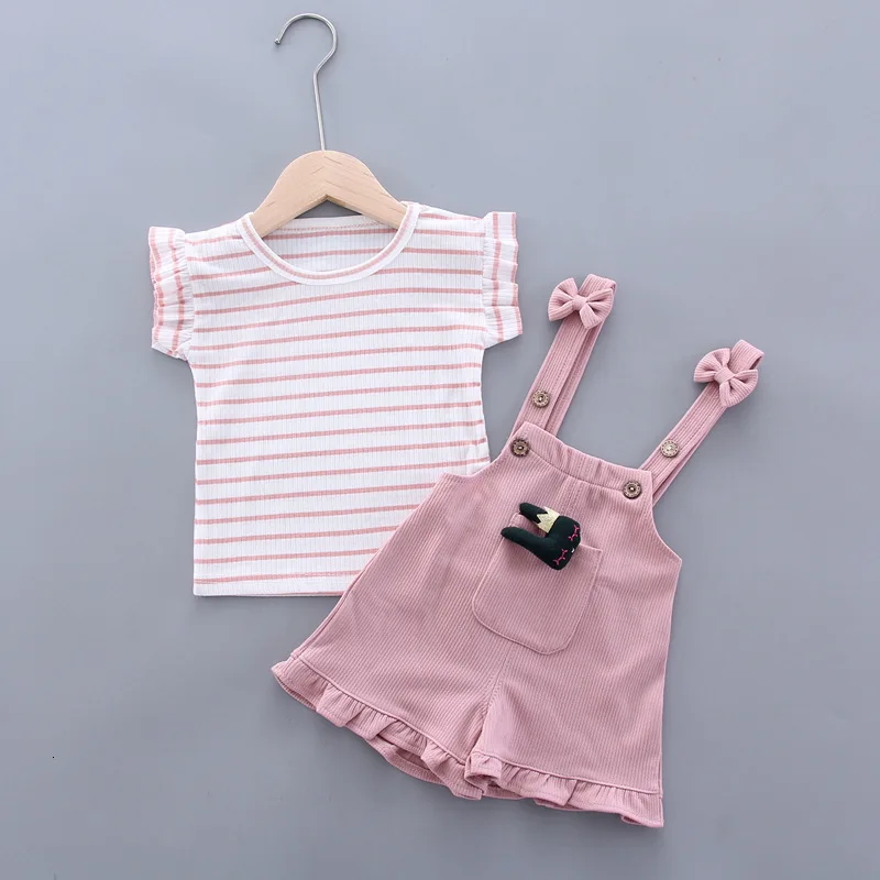 Summer Children Clothing Baby Cute  Girls Casual T-Shirts Bib Shorts 2Pcs/Set Toddler Cartoon Fashion Cotton Infant Clothes Suit