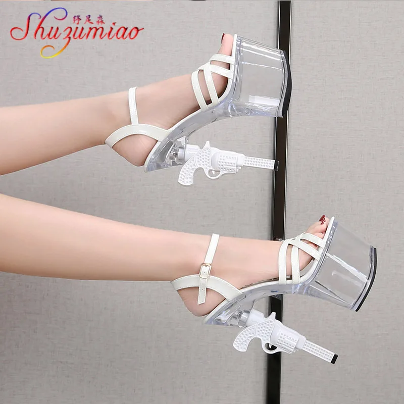 Sexy Transparent Platform Summer Sandal Catwalk Show Artifact Models High-Heels Women Stripper Chic Pistol Heel 17CM Bride Shoes