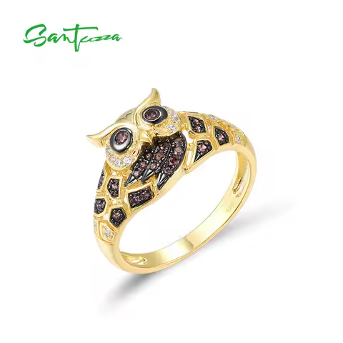 SANTUZZA Genuine 925 Sterling Silver Ring For Women Chocolate/White CZ Gold Color Night Owl Rings Animal Gifts Fine Jewelry