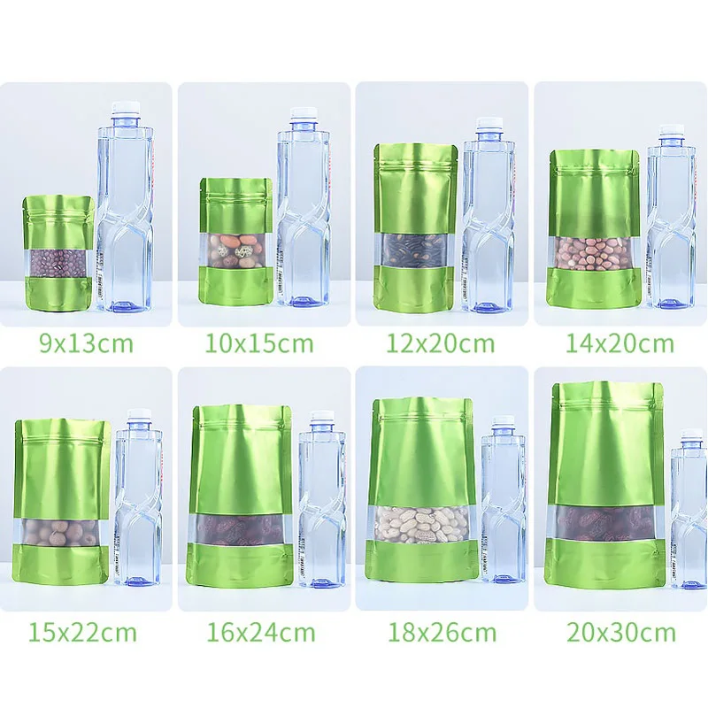 1000Pcs/Lot Stand up Green Aluminum Foil Self seal Bag with Window, Metallic Plastic Packaging Pouch for Food Tea Candy Cookie