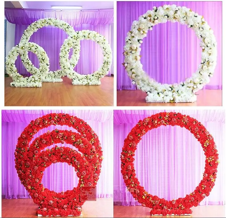 Customized new round iron arch wedding props road lead stage background decor iron arch stand frame with silk artificial flowers