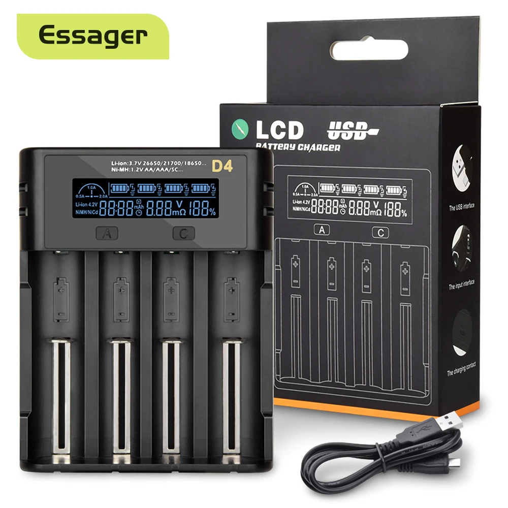 Essager Lthium Battery USB Charger Li-ion Ni-MH Ni-CD Charging Universal Charger For 18650 26650 21700 18350 AAA AA Batteries