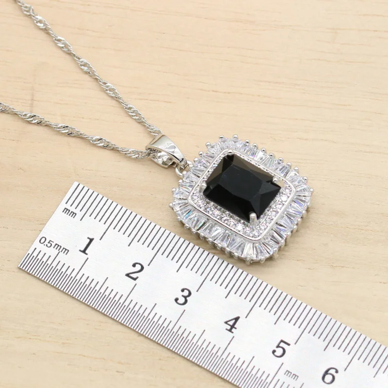 Black Stones Silver Color Bridal Jewelry Sets For Women Necklace Pendant Earrings Rings Gift Box