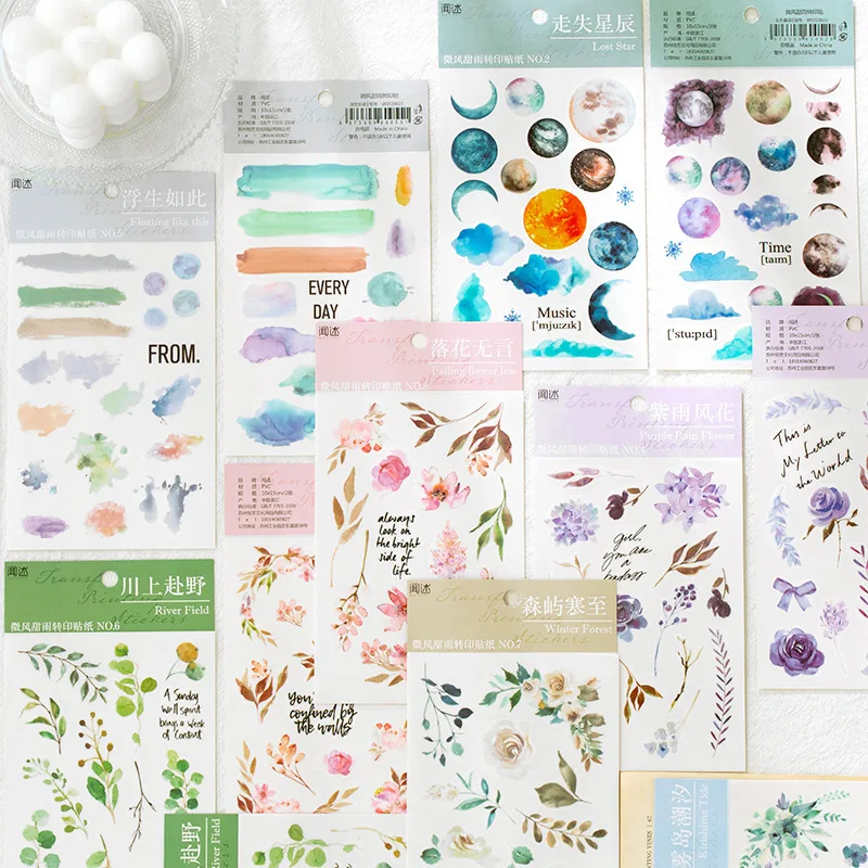 2Pcs/Set DIY Rub On Transfer Stickers Aesthetic Scrapbooking Material Plant Flower Planet Journal Album Diary Canvas Decoration