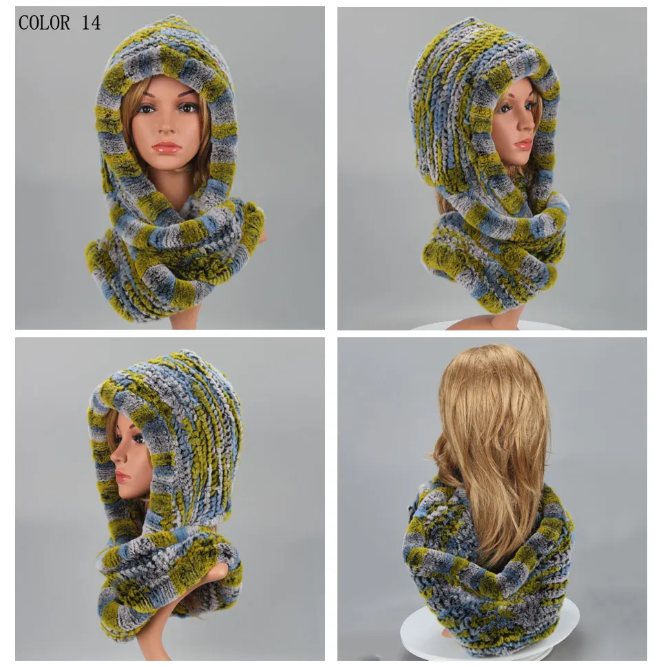 Frauen Gestrickte Echte Rex Kaninchen Pelz Hut Mit Kapuze Schal Winter Hüte für Frau Herbst Kappe Warme Natürliche Pelzmütze mit Hals Schals Bonnets – Detail 19
