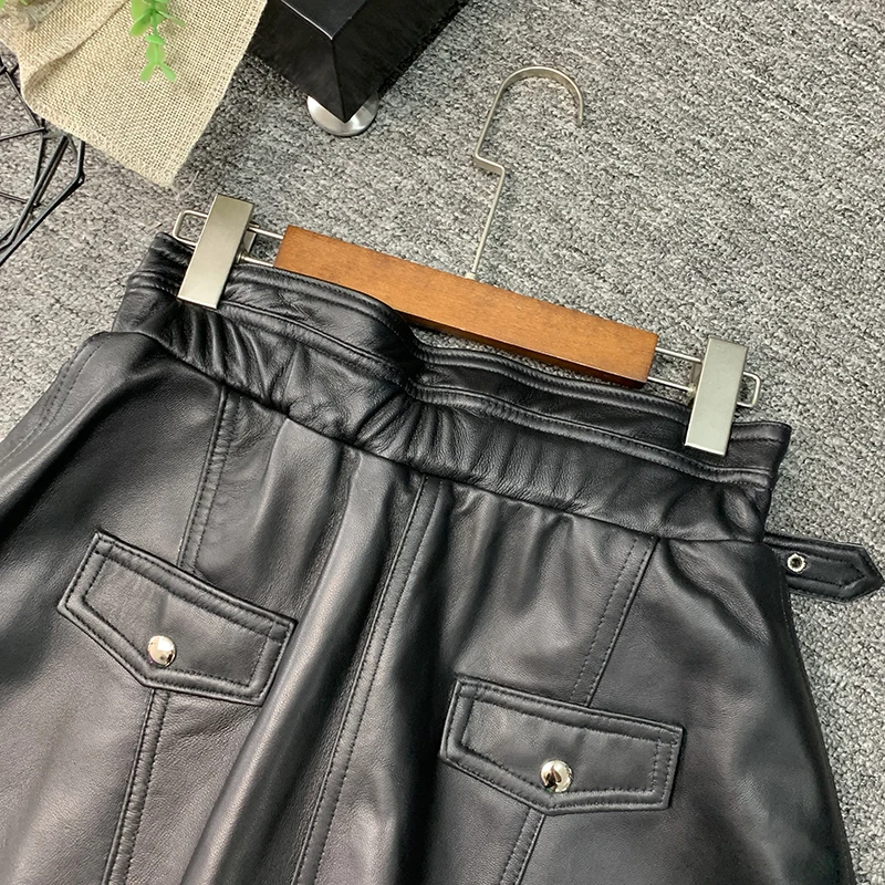 Women Sheepskin Sashes Zipper A-Line Short Skirts Punk Style Genuine Leather High Waist Black Mini Skirts Fashion Pleated Skirt