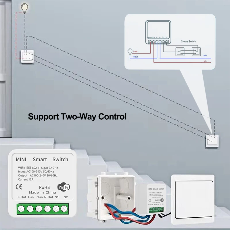 16A Mini Smart Wifi مفتاح الإضاءة وحدة تدعم 2 طريقة التحكم في المنزل الذكي 110 فولت 220 فولت لتقوم بها بنفسك وحدة ، يعمل مع Alexa/Google Home/Tuya