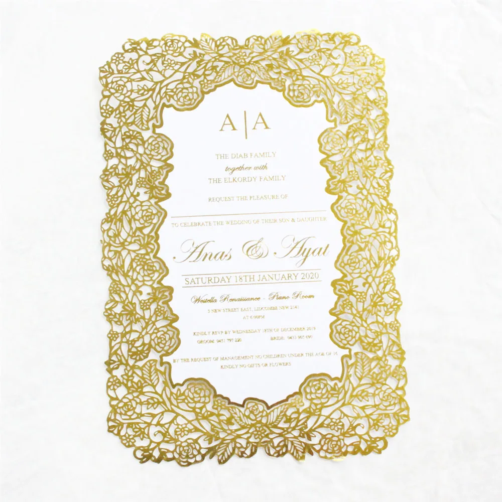 Customized Gold Foil Invitation Card Printing For Wedding Birthday Baptism Rose Laser Cutting 100 Pcs Party Celebration Suppl