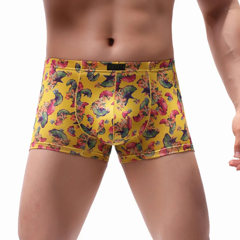 European Size Milk Silk Sexy Breathable Male Boxers Retro Style Flower Print High Elasticity Mens Underwear Low Waist Underpants