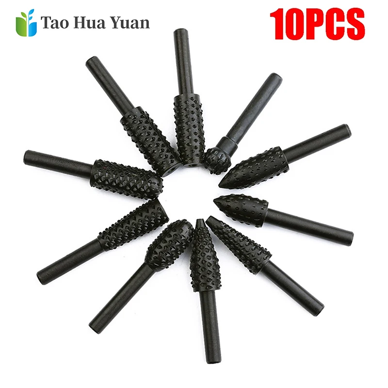 10pcs/set 1/4'' 6mm Steel Shank Rotary Burr Set Wood Rasp File Drill Bits Rotary Rasp Set for Woodworking Tool Set Accessories A