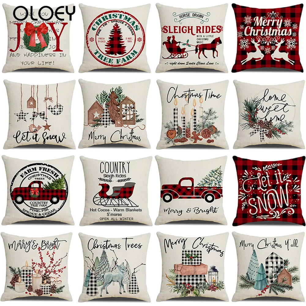 

Christmas Farmhouse Decoration Cushion Cover 18x18 Inches Candle Pine Tree Reindeer Sleigh Printed Pillow Cover Xmas Pilloecasse