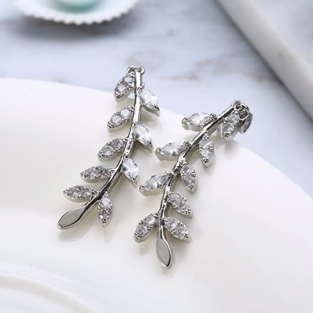 Pair Ear Stud Cuff Silver Leafs Crystal Ear Sweep Wrap Climber Earrings Jewelry