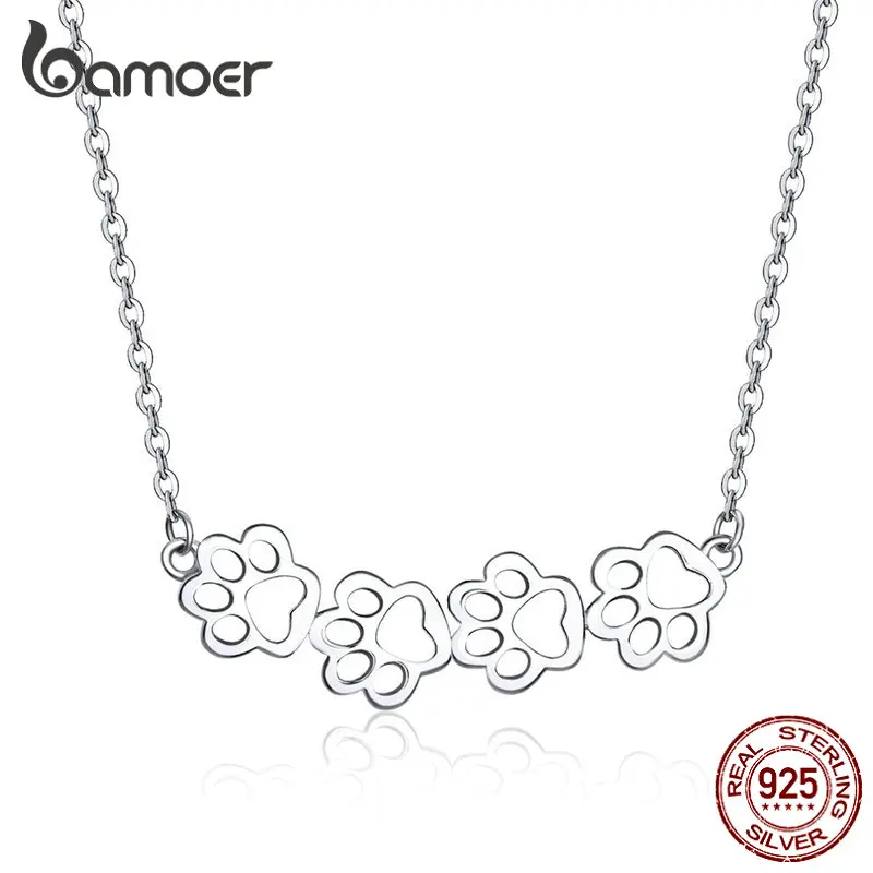 bamoer Dog and Cat Paw Silver Choker Necklace for Women 925 Sterling Silver Cat Pet Footprint Short Neckalces Accessories SCN346