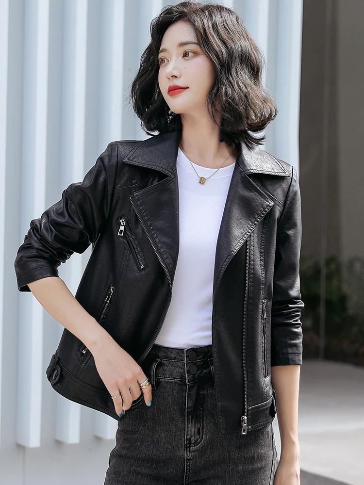 New Women Classic Leather Coat Spring Autumn 2024 Fashion Suit Collar Slim Short Sheepskin Outerwear Biker Leather Jacket Female