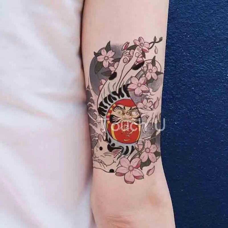 Japanese Cat Temporary Tattoo Stickers Female Lasting Cherry Blossom Art Fake Tattoos Waterproof Antique Geisha Tattoo Stickers