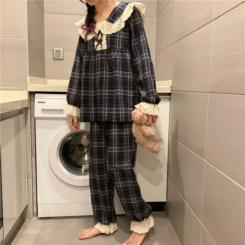 Women Long Sleeve Plaid Pajama Sets Sweet Princess Lace Turn Down Collar Cute Sleepwear Korean Lounge Two Pieces Pyjamas Female