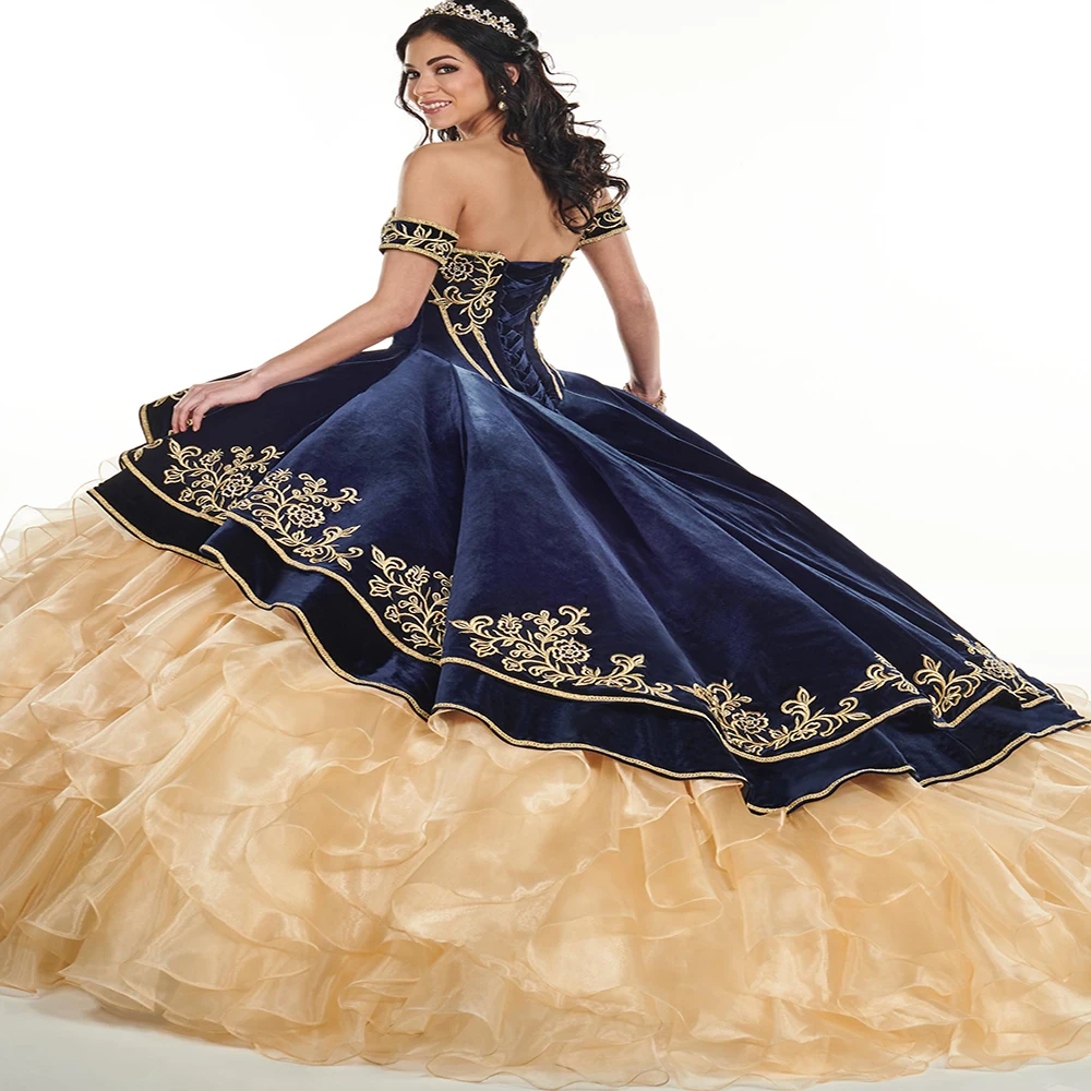 Suknia balowa bordowy i złoty Quinceanera sukienki Charro Vintage Off The Shoulder Organza Ruffles warstwowa słodka 16 sukienka suknia wieczorowa