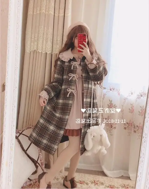 Inverno vintage reticolo dolce lolita cappotto collare del peter pan di bowknot del manicotto di soffio vittoriano cappotto della ragazza kawaii