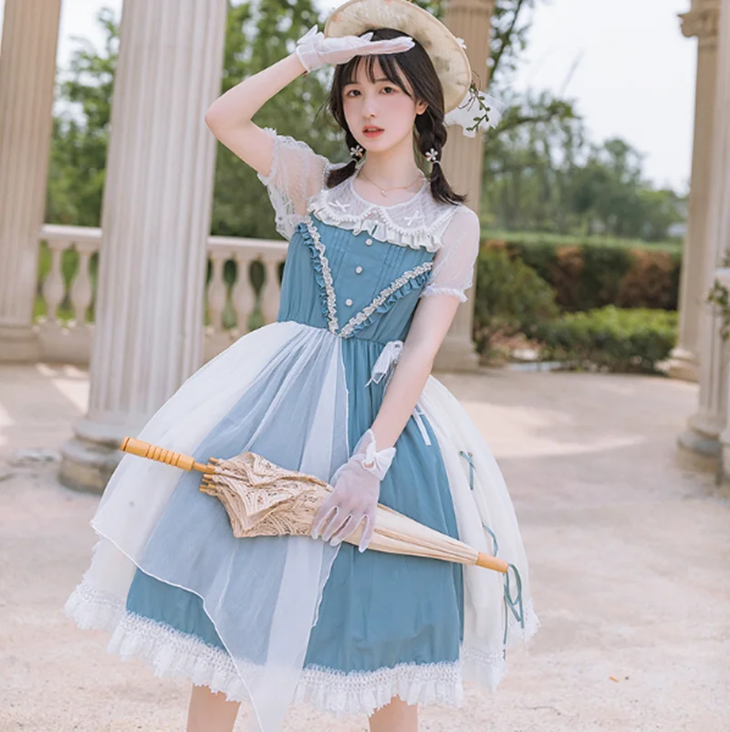 Palace lace asymmetry mesh Summer dresses lolita dress  kawaii dress multicolor gothic lolita jsk high waist victorian dress new