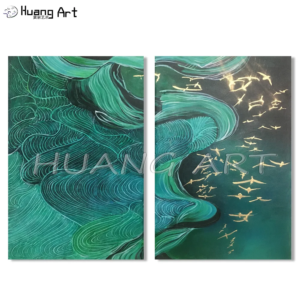 Texture Ripple Abstract Handmade 2pcs Bottle Green Abstract Group Oil Paintings on Canvas for Decor Gold Foil Bird Oil Painting