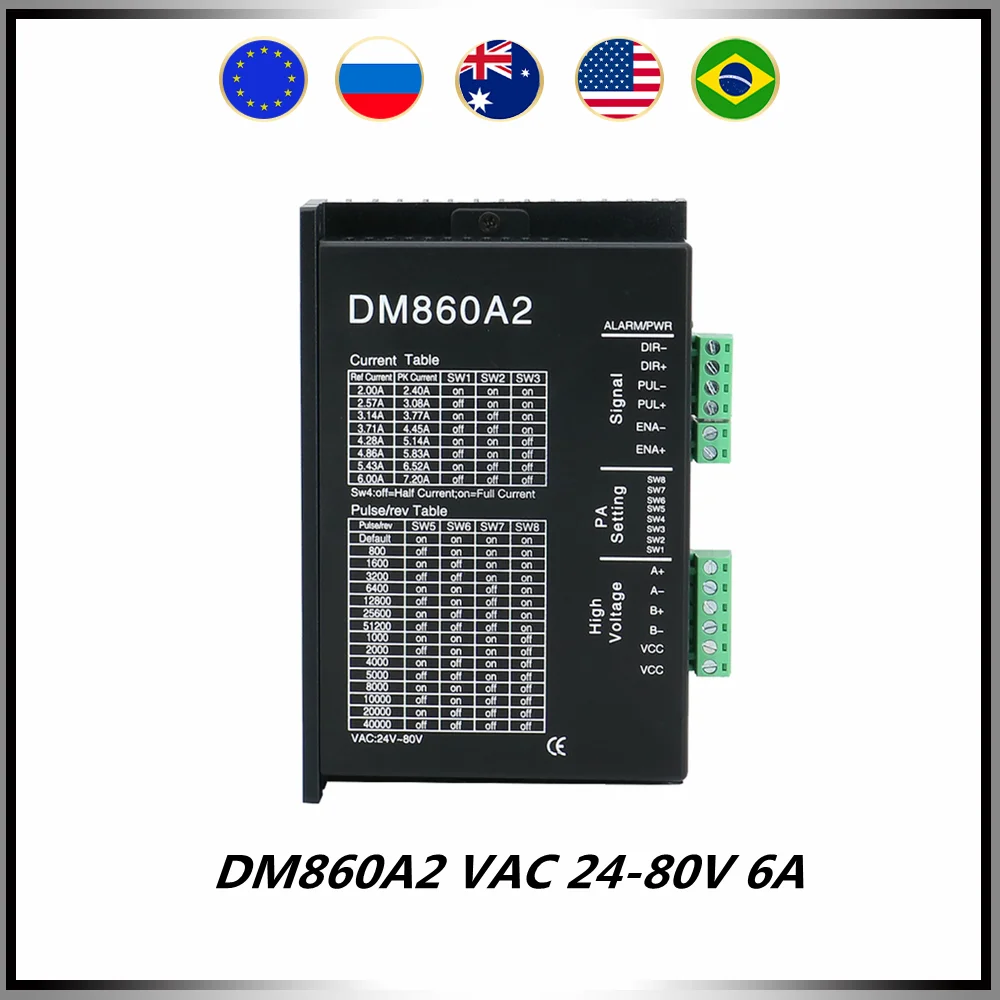 

AC stepper motor driver DM860A2 VAC 24-80V 6A support Nema34 engines