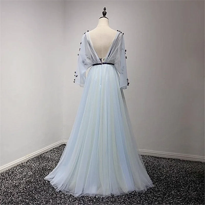 Light Blue Prom Dresses V-neck Cap Three Quarter Sleeves Flowers A-line Floor Length Backless Evening Dress вечерние платья