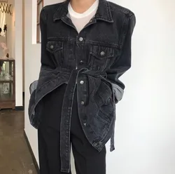 JSXDHK New Arrival High Street Autumn Winter Denim Coats Fashion Women Single Breasted Black Loose Jean Outerwear With Belt