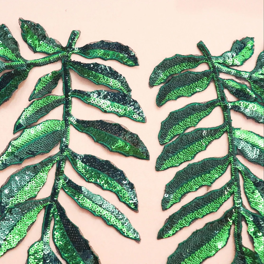 Large Size Sew On Sequins Fern Leaves Patches Beaded Plant Leaf Applique Patches For Clothing Appliques Parches Bordados Ropa