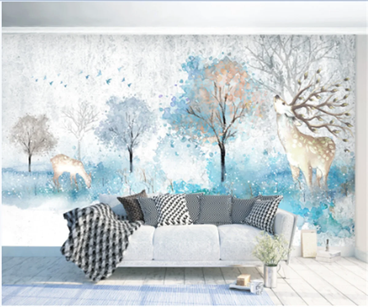 European and American modern minimalist elk landscape background wall decoration painting home watercolor graffiti wallpaper