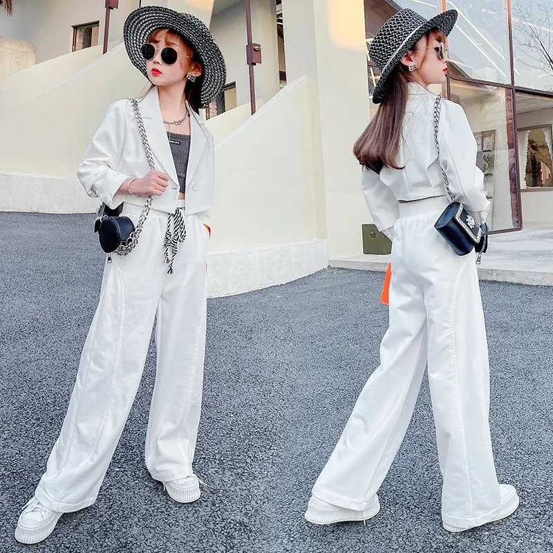 Teenage Girls Clothing Set Short Kinitted Crop Top+Blazer Jacket And Pants 3PCS White Suit Set Female Formal Social Four Seasons