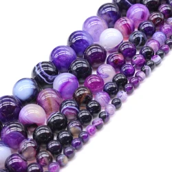 Natural Stone Purple Stripe Agates Onyx Round Loose Beads For Jewerly Making 4 6 8 10 12mm Spacer Beads Diy Bracelet Wholesale