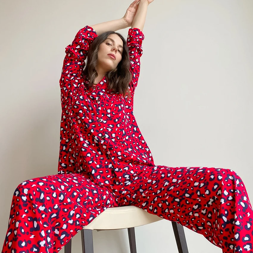 Hiloc-Pyjama imprimé léopard pour femme, vêtements de nuit, surintendant, olympiques ser, manches longues, col en V, maison trempée, mode printemps, 2022