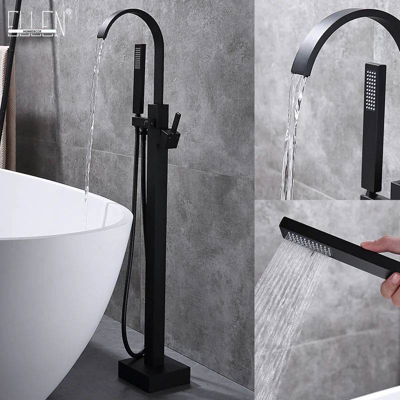 

Floor Stand Faucets Bathtub Faucet Square Hot and Cold Water Mixer with Hand Shower Chrome Black Color ELF3201