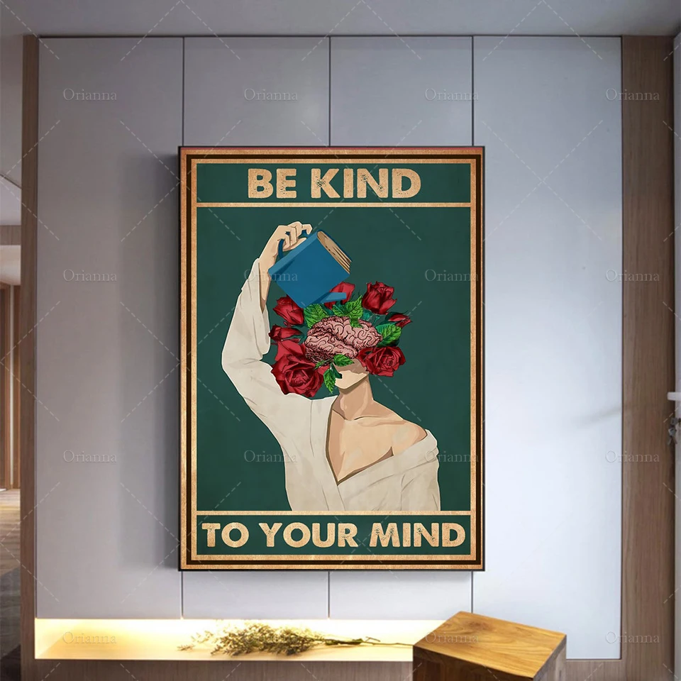 Be Kind To Your Mind Poster, Garden Art Print, Garden Signs, Pot Head Poster, Vintage Brain Wall Decor, Flower Pot Brain Art,