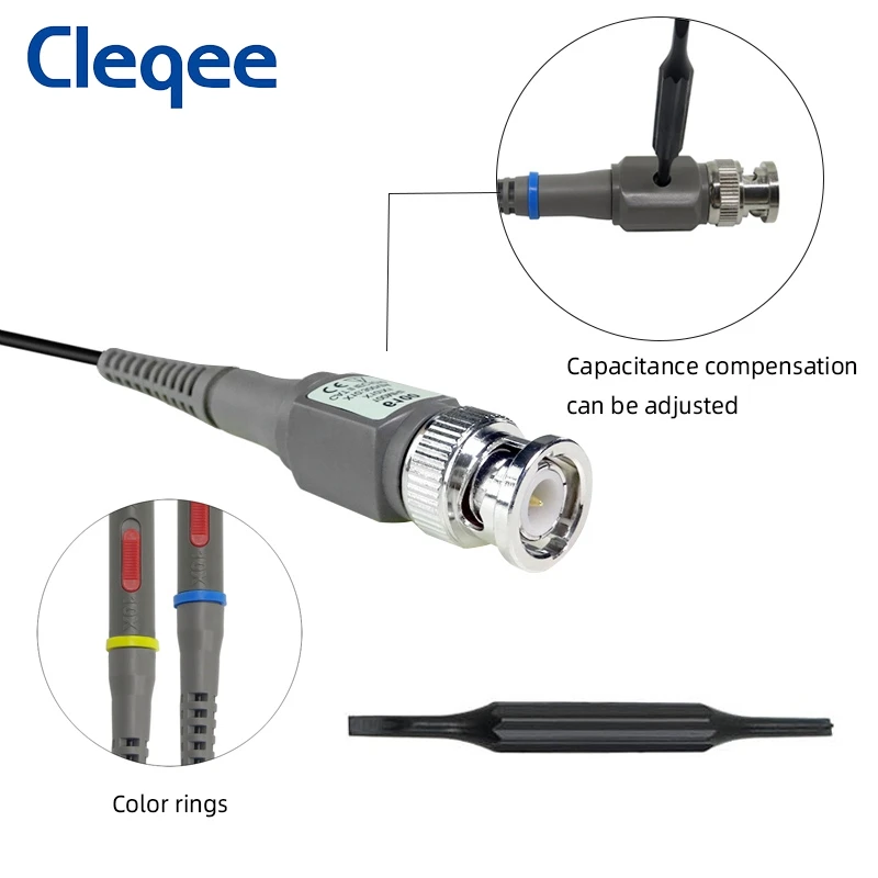 Cleqee P6100 2PC 100MHz BNC Oscilloscope Probe Kit DC-100MHz Alligator Clip Test Probe for Tektronix HP X1/X10