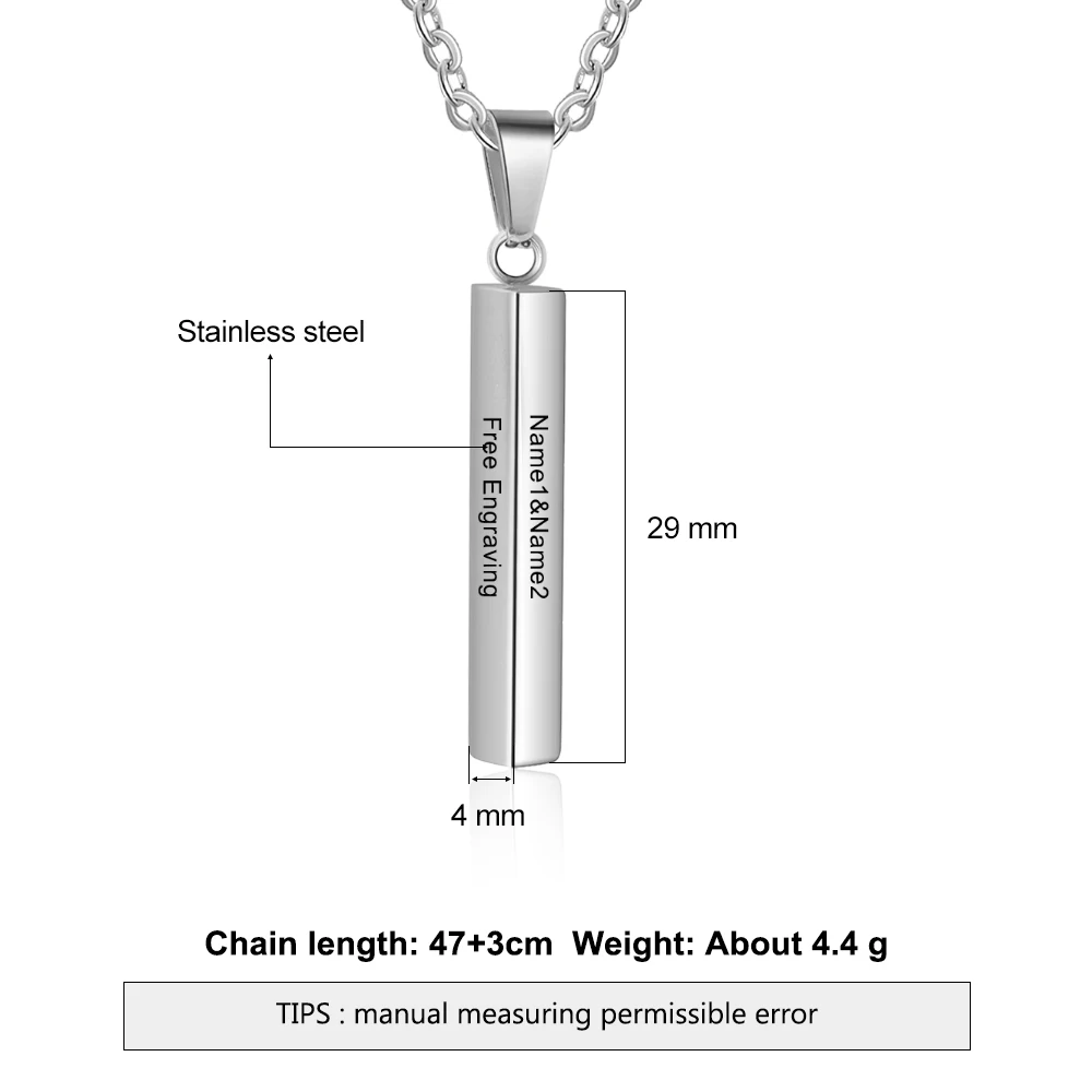 JewelOra Customized Vertical Bar Necklaces for Men Personalized Stainless Steel 3 Sides Engraved Pendant Necklaces Fathers Gifts