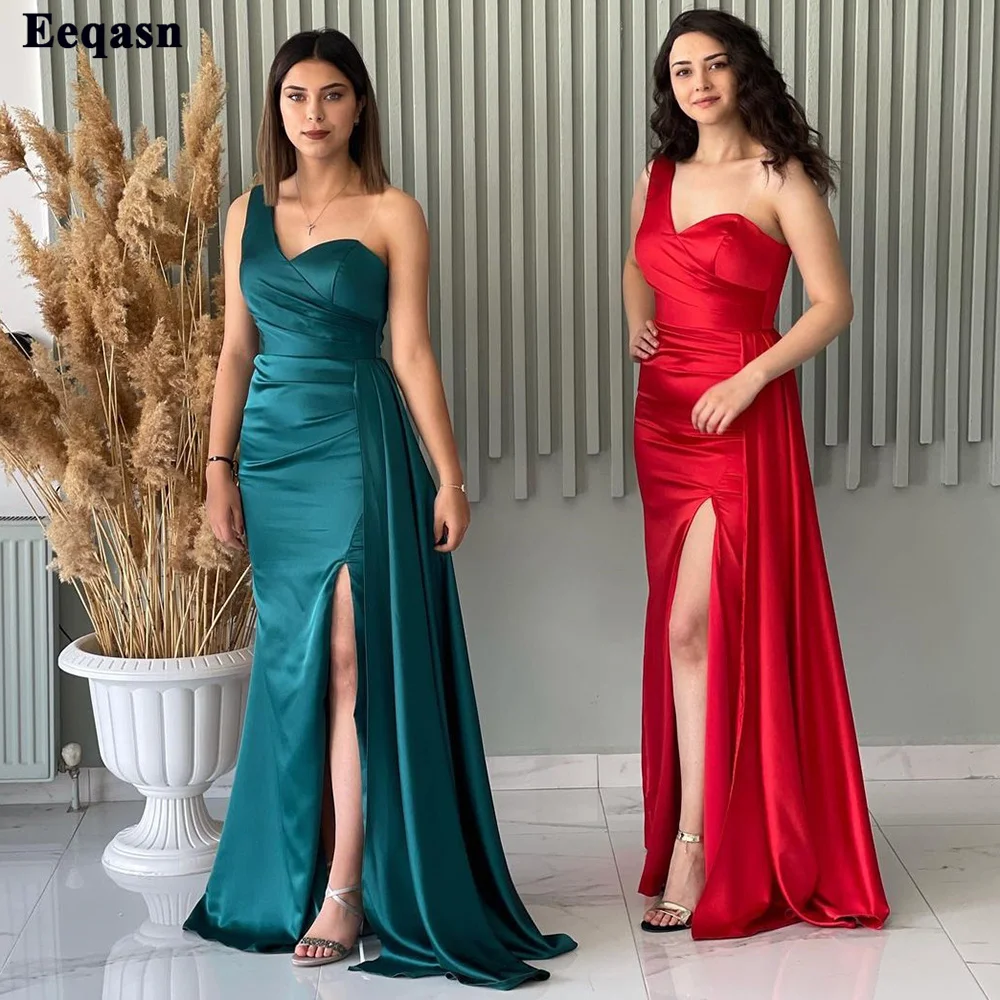 Teal Red Satin Mermaid Bridesmaid Dresses Long Pleated One Shoulder Formal Evening Dress Women Slit Slide Prom Gowns Customized