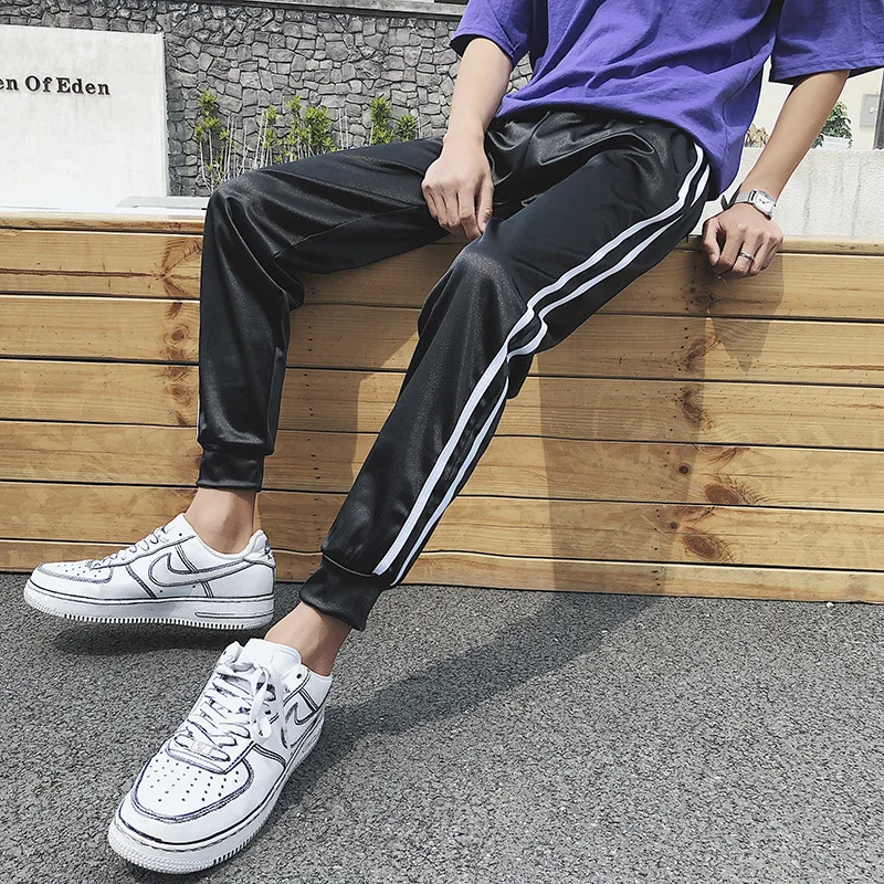 New Mens Summer Smooth Fabric Cropped Trousers Ice Silk Casual Pants Thin Silk Stripe Male Sports Pants