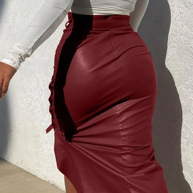 Vrouwen Trendy Pu Lederen Midi Rok Effen Kleur Hoge Taille Kant-Up Knop Slanke Skinny Kokerrok Voor Dames Streetwear