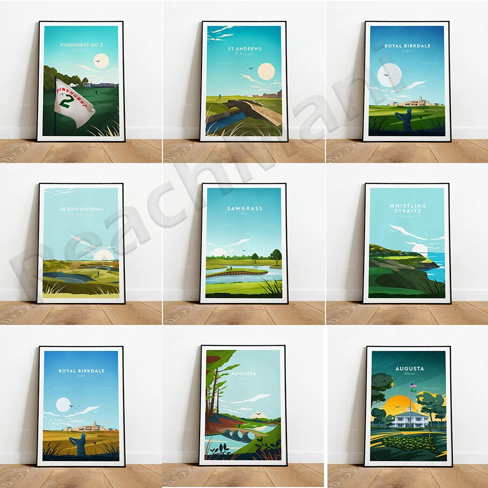 Printed posters at Pebble Beach, Whistler Strait, Wisconsin, Royal Troon of Scotland, St. Andrew Stanbury, Augusta National Golf