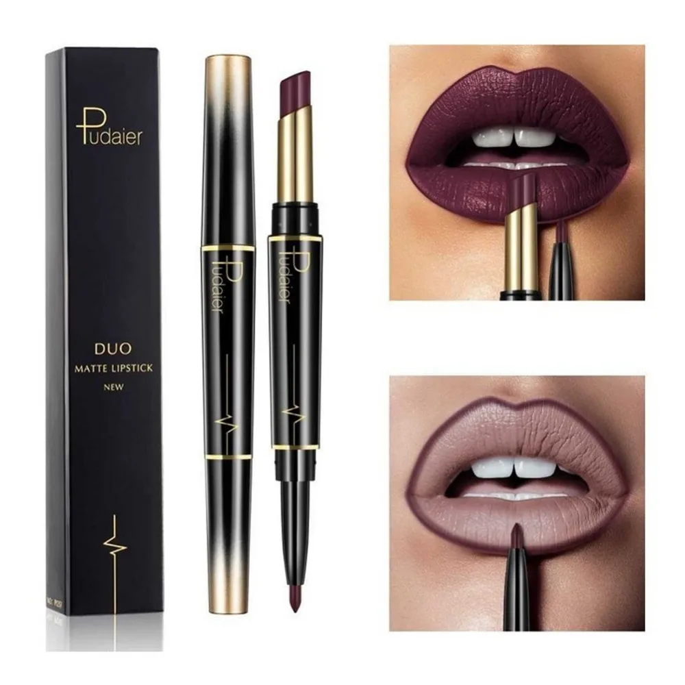 Pudaier Double-end Lip Makeup Lipstick Pencil Waterproof Long Lasting Tint Sexy Red Lip Stick Beauty Matte Liner Pen Lipstick