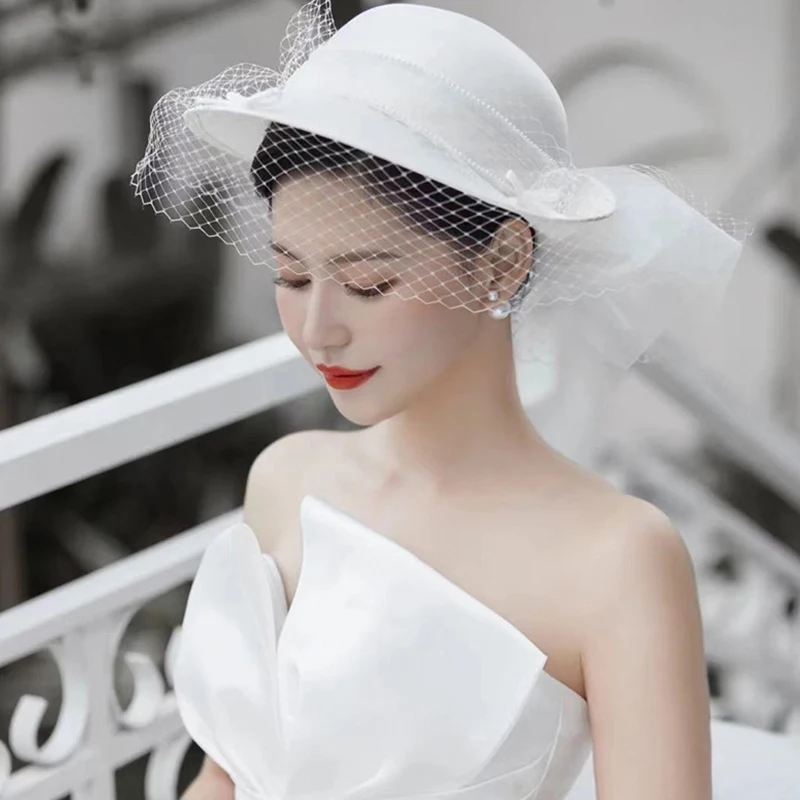 Wit Vrouwen Hoed Bruiloft Kopstuk Voor Bruid Hard Tulle Bow Met Sluier Украшение На Голову Frence Chapeau Mariage Femme