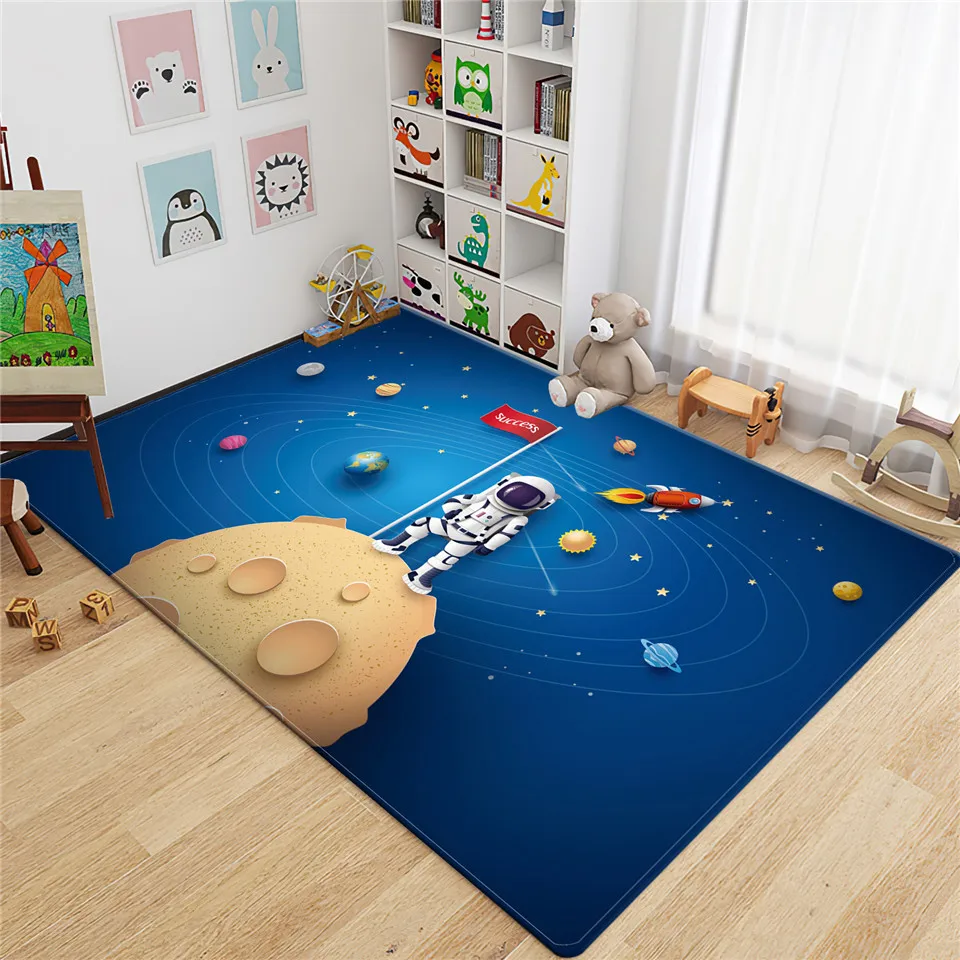 Cartoon Rocket Astronaut 3D Carpet Kids Room Space Flannel Sponge Floor Mat Teen Room Rug Cute Crawling Play Mat Bedside Carpet